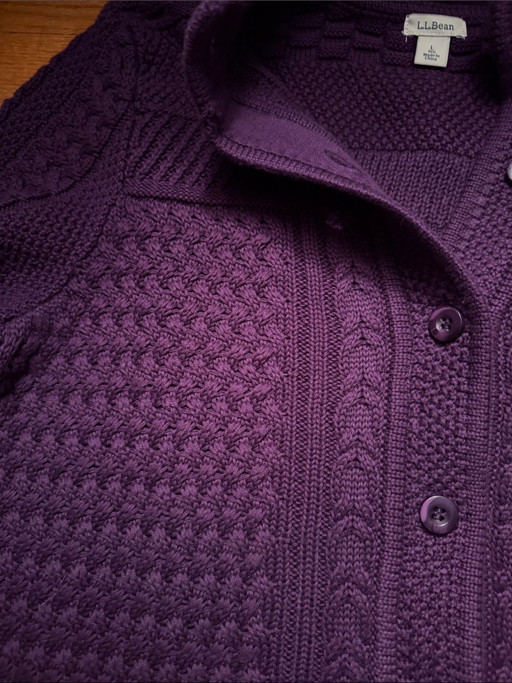 L.L. Bean Deep Purple Cable-Knit Button Cardigan - Picture 4 of 9